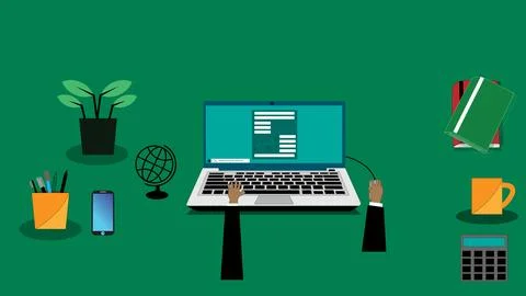 Laptop typing concept. hand typing on laptop keyboard with blank screen ill.. 스톡 일러스트