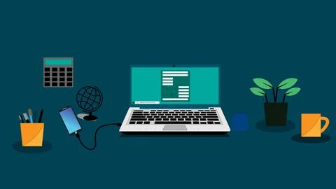 Laptop typing concept. hand typing on laptop keyboard with blank screen ill.. 스톡 일러스트