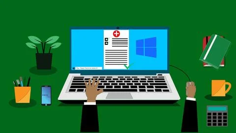Laptop typing concept. hand typing on laptop keyboard with blank screen ill.. 스톡 일러스트