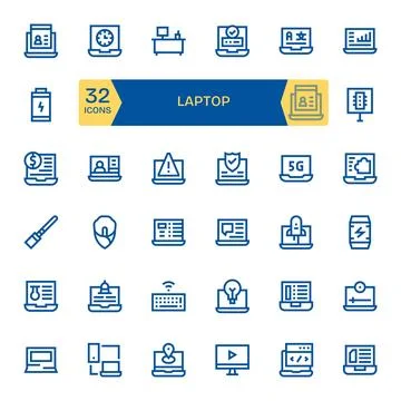 Laptop Ultimate Vector Package with 32 64x64 Bold Line Detail Enhanced Icons Stock Illustration