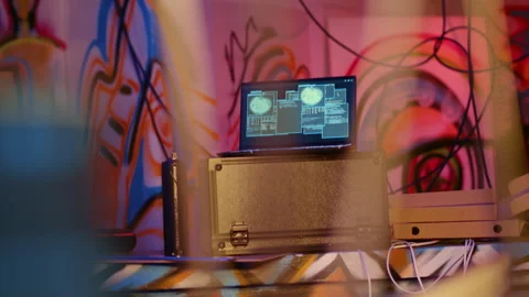 Laptop in underground bunker Stock Footage 256943751