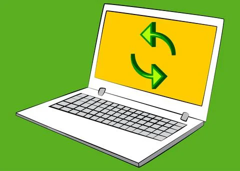 Laptop with Update icon on the screen. Vector cartoon illustration. Stock Illustration
