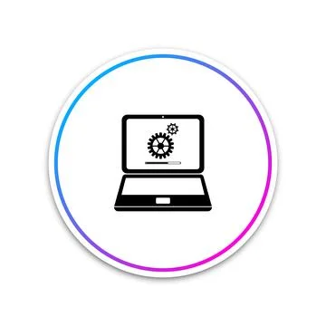 Laptop update process with gearbox progress and loading bar icon isolated on Illustrazione stock