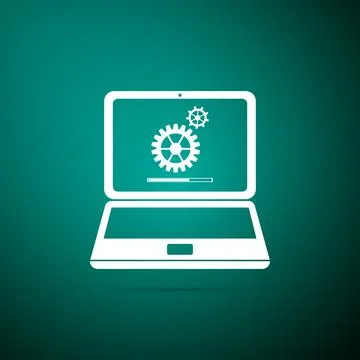 Laptop update process with gearbox progress and loading bar icon isolated on Stock Illustration