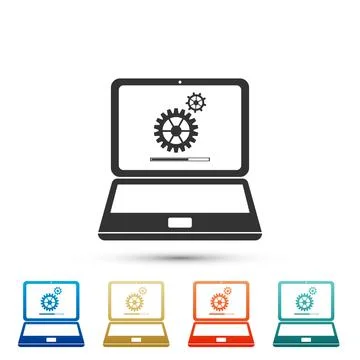 Laptop update process with gearbox progress and loading bar icon isolated on 스톡 일러스트