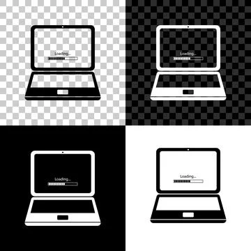 Laptop update process with loading bar icon isolated on black, white and Stock Illustration