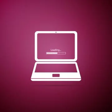 Laptop update process with loading bar icon isolated on purple background. .. イラスト素材