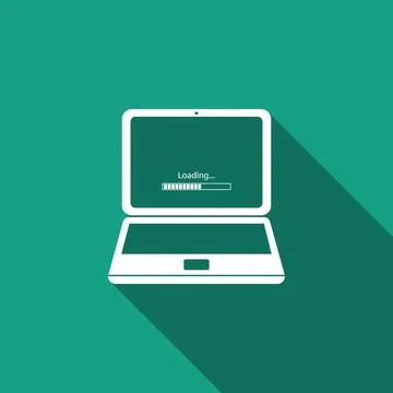 Laptop update process with loading bar icon isolated with long shadow. Syst.. Stockillustratie