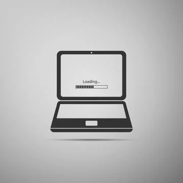 Laptop update process with loading bar icon isolated on grey background. Sy.. Stockillustratie