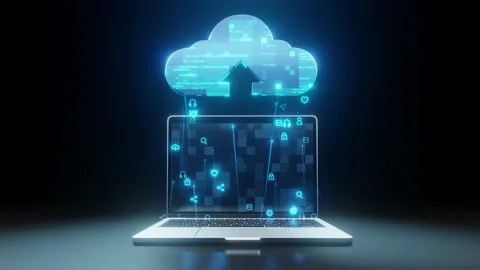 Laptop upload data to cloud computing. Stock Footage 230234291