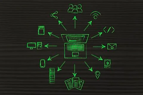 Laptop uploading files to cloud computing services and other devices 스톡 일러스트