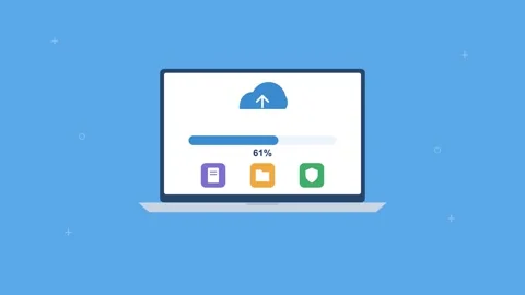 Laptop uploading files to the cloud with progress bar and file icons, sky blue Stock-Footage 342594235