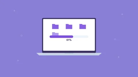 Laptop uploading folders to the cloud with a progress bar, violet Vídeos de archivo 342594424