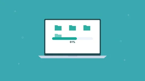 Laptop uploading folders to the cloud with a progress bar, teal Vidéo 342594430