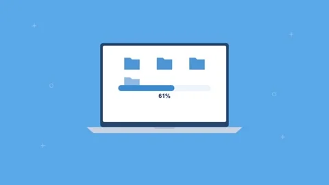 Laptop uploading folders to the cloud with a progress bar, sky blue 스톡 동영상 342594445