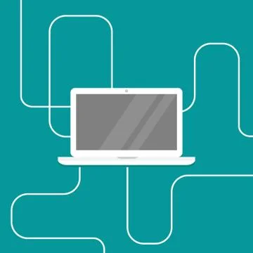 Laptop with usb flex, cords, white wire cable. use computer. Stock Illustration