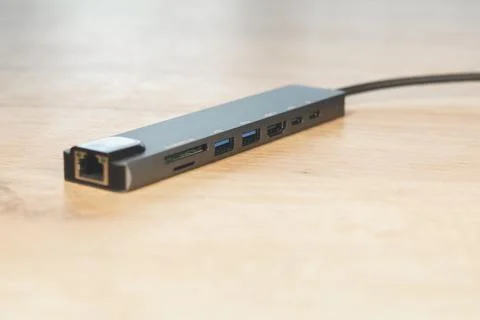 Laptop USB Type-C adapter with different connectors for connecting devices. Stock Photos