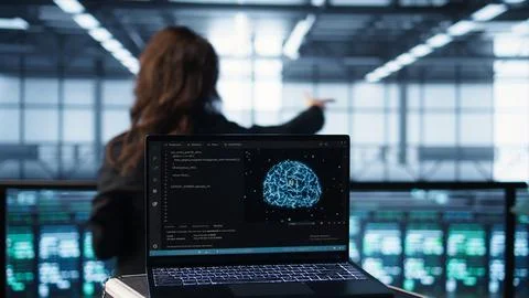 Laptop used by data center system administrators using AI tech, close up 写真素材