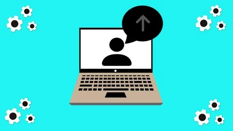 Laptop with user icon and upload symbol on screen on cyan background. 스톡 일러스트