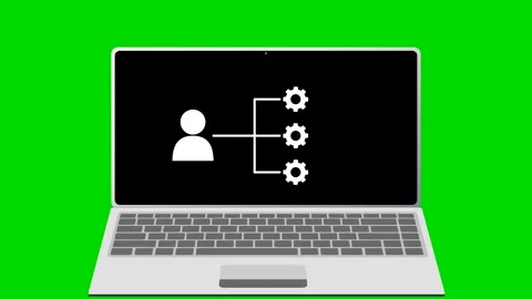 Laptop with user management and gear icons on green screen. 4K Vídeos de archivo 340882902