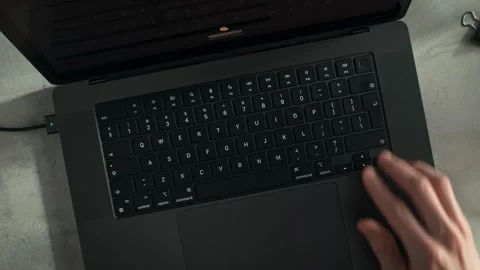 Laptop User Opens the Device, Unlocks It Using the Built-in Fingerprint Scanner. Stock Footage 286244419