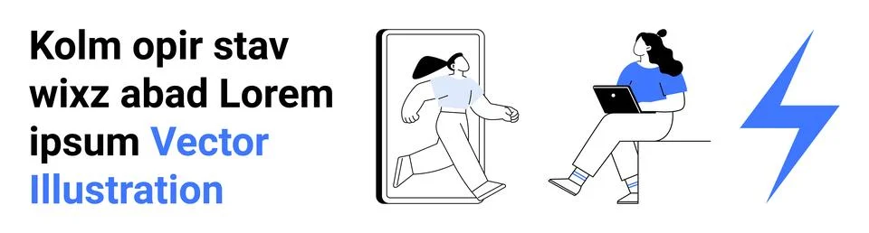 Laptop user sitting, mobile device with a person stepping out, blue lightning Stock Illustration