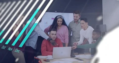 Laptop user typing, group leaning, pointing, biz data charts sweeping front, Stock Footage 331006032