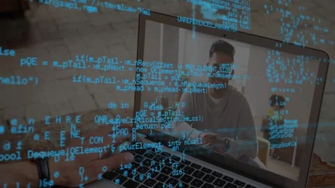 Laptop user typing on keys, causing blue code overlay shifting and revealing man Stock Footage 331713562