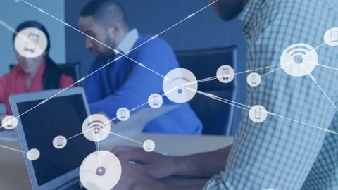 Laptop user typing as node triggers, nodes growing linking, turning smiling to Stock Footage 334036802
