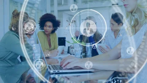 Laptop user typing, starting HUD rings growing and spanning hands, team using Stock Footage 329929645