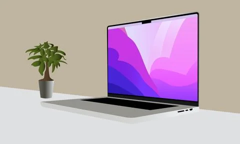 Laptop Vector Flat icon illustration laptop and plants on table Stock Illustration