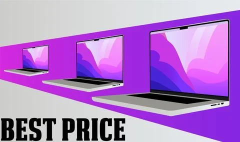 Laptop Vector Flat icon illustration best price set purple background Stock Illustration