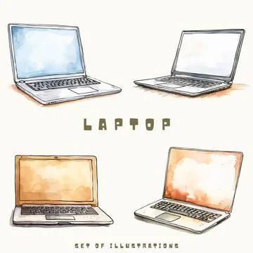 Laptop vector set. Hand drawn illustration of laptop isolated on white backgroun Stock Illustration