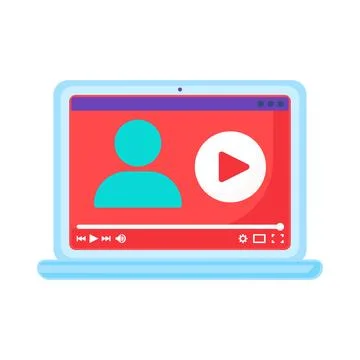 Laptop video call screen streaming player interface flat icon Stock Illustration