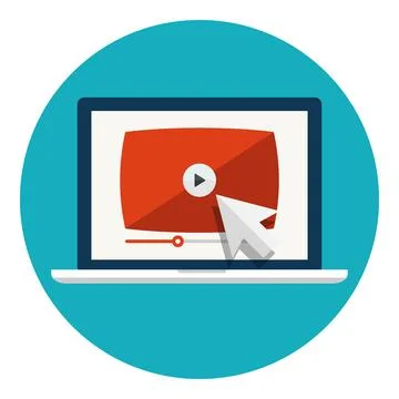 Laptop with video player on screen vector icon in circle Stock Illustration