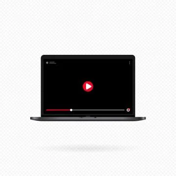 Laptop with video player on screen. Video content, blogging. Social media con Stock Illustration
