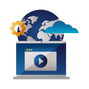 Laptop video world setting cloud computing Illustrazione stock