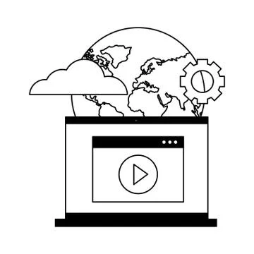 Laptop video world setting cloud computing Illustrazione stock