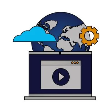 Laptop video world setting cloud computing Stock-Illustration