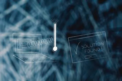 Laptop with virus and thermometer popping out of the screen on a spring and s イラスト素材