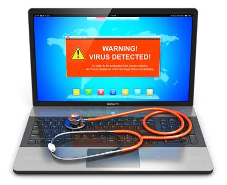 Laptop with virus attack warning message on screen and stethoscope Stock Illustration