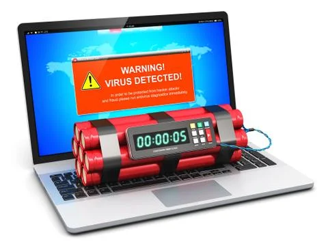 Laptop with virus attack warning message and timer bomb Stock Illustration