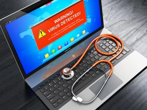 Laptop with virus attack warning message on screen and stethoscope 스톡 일러스트