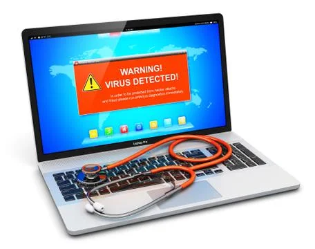 Laptop with virus attack warning message on screen and stethoscope Stock Illustration