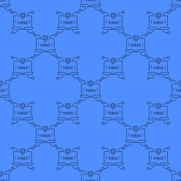 Laptop with Virus on Screen vector Computer Virus seamless pattern in thin .. Illustrazione stock