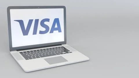 Laptop with Visa Inc. logo. Computer technology conceptual editorial 3D Illustrazione stock