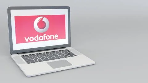 Laptop with Vodafone logo. Computer technology conceptual editorial 3D rendering 스톡 일러스트