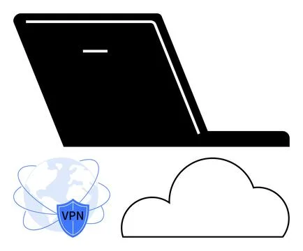 Laptop, VPN shield, and cloud icon. Ideal for cybersecurity, remote work, int Stock Illustration