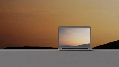 Laptop on wall at sunset, 3D rendering Stock Illustration