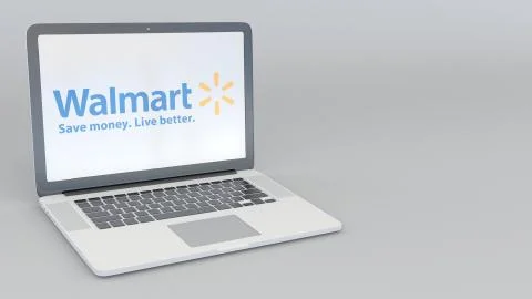Laptop with Walmart logo. Computer technology conceptual editorial 3D rendering Stock-Illustration